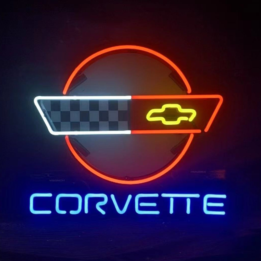 Corvette neon sign showing checkered panel and car icon, orange ring, blue 'CORVETTE'