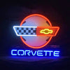 Corvette neon car sign with checkered panel, orange ring, and blue 'CORVETTE' text
