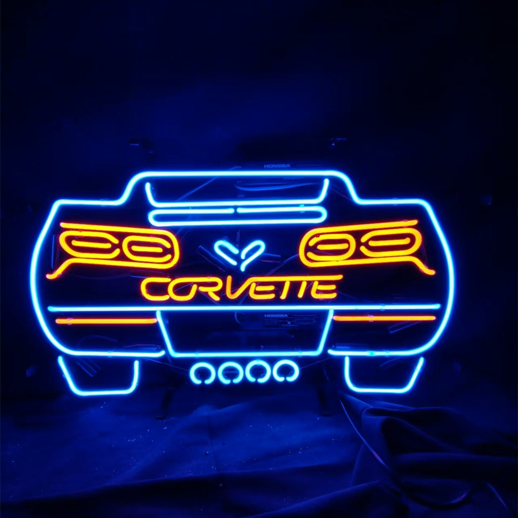 Neon Corvette front sign with blue border and yellow accents over 'CORVETTE'