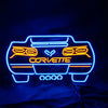 Neon Corvette front sign with blue border and yellow accents over 'CORVETTE'