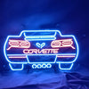 Neon Corvette car sign with blue outline and red 'CORVETTE' lettering