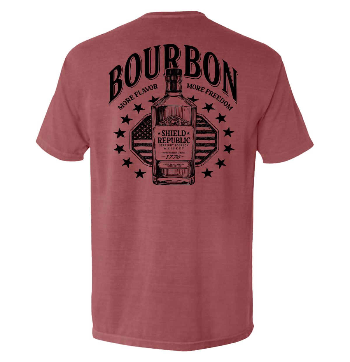 Crimson back graphic T-shirt with bottle and stars emblem, short sleeves