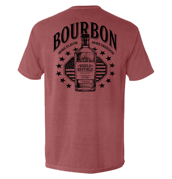 Crimson back graphic T-shirt with bottle and stars emblem, short sleeves