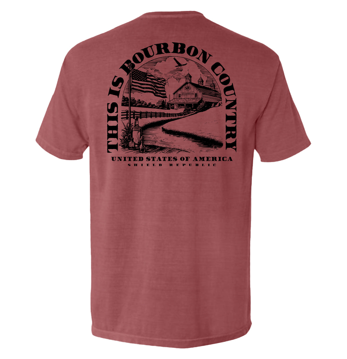 Crimson short-sleeve T-shirt with large back Bourbon Country graphic print
