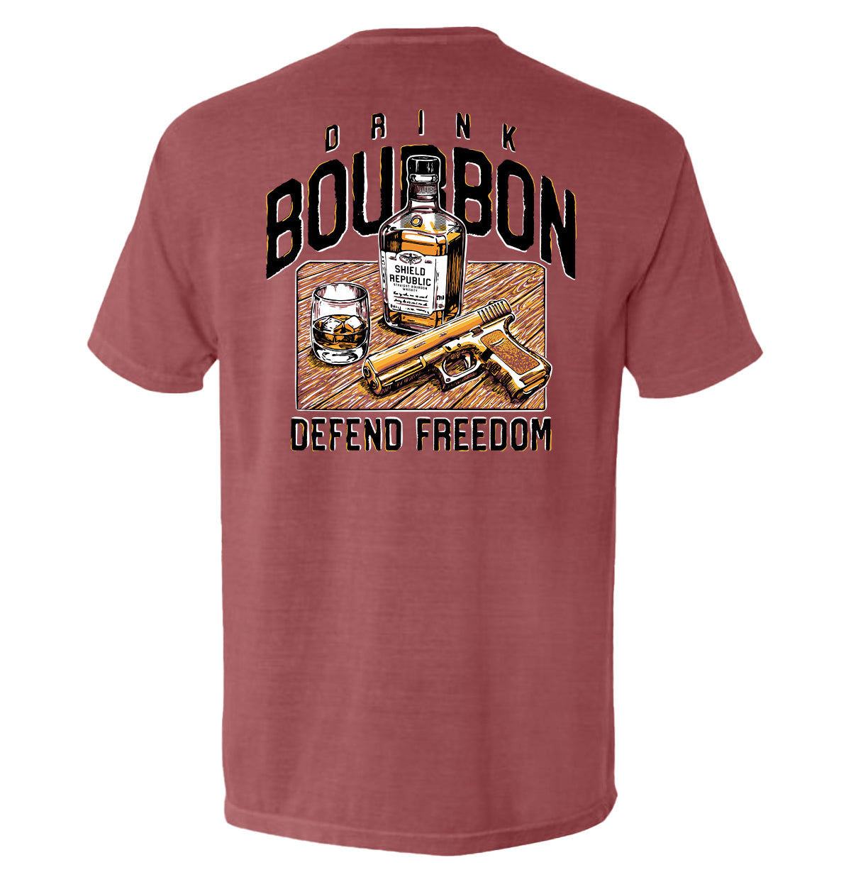 Rust-red T-shirt with back graphic: bourbon bottle, DRINK/BOURBON text, DEFEND FREEDOM