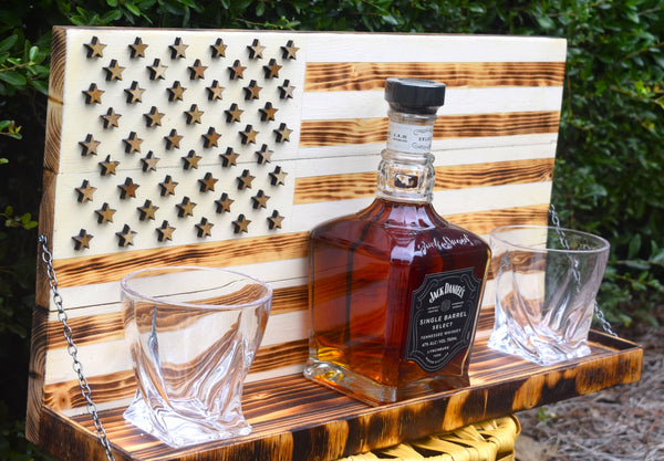 Whiskey Bottle Rack - White with Burnt Wood For the Bar 13 Stripes