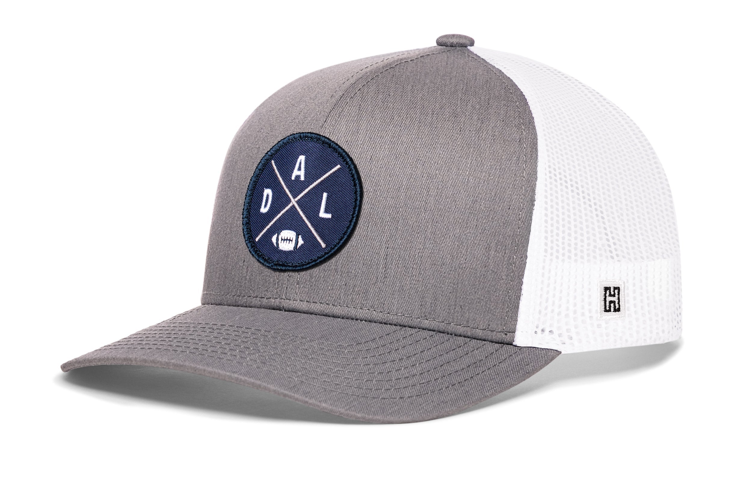 Gray snapback trucker cap with front A D L logo patch and white mesh back