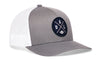 Gray snapback trucker cap with A D L logo patch and white mesh side panels