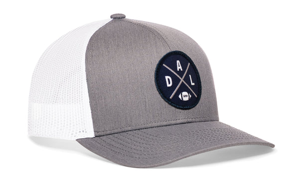 Gray snapback trucker cap with A D L logo patch and white mesh side panels