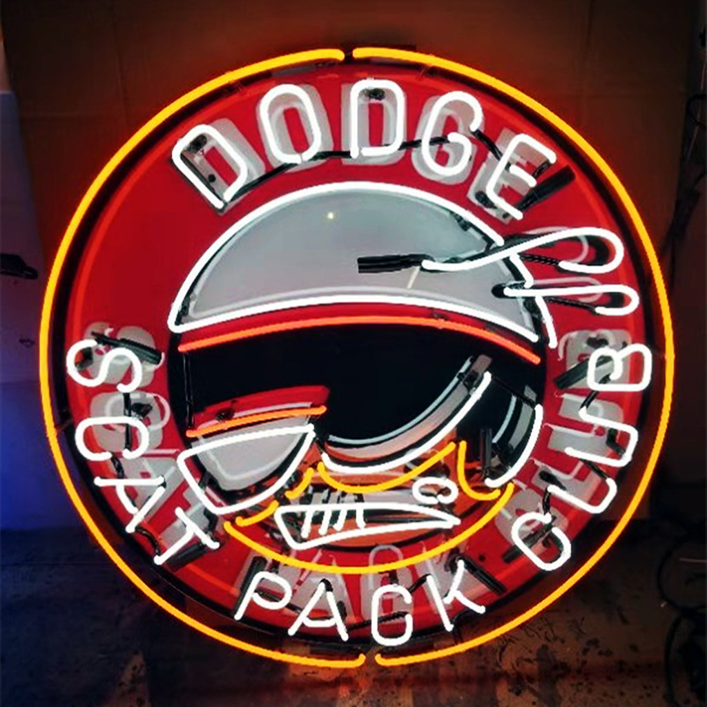 Neon circle sign with Dodge lettering and Scat Pack badge, red center, yellow glow