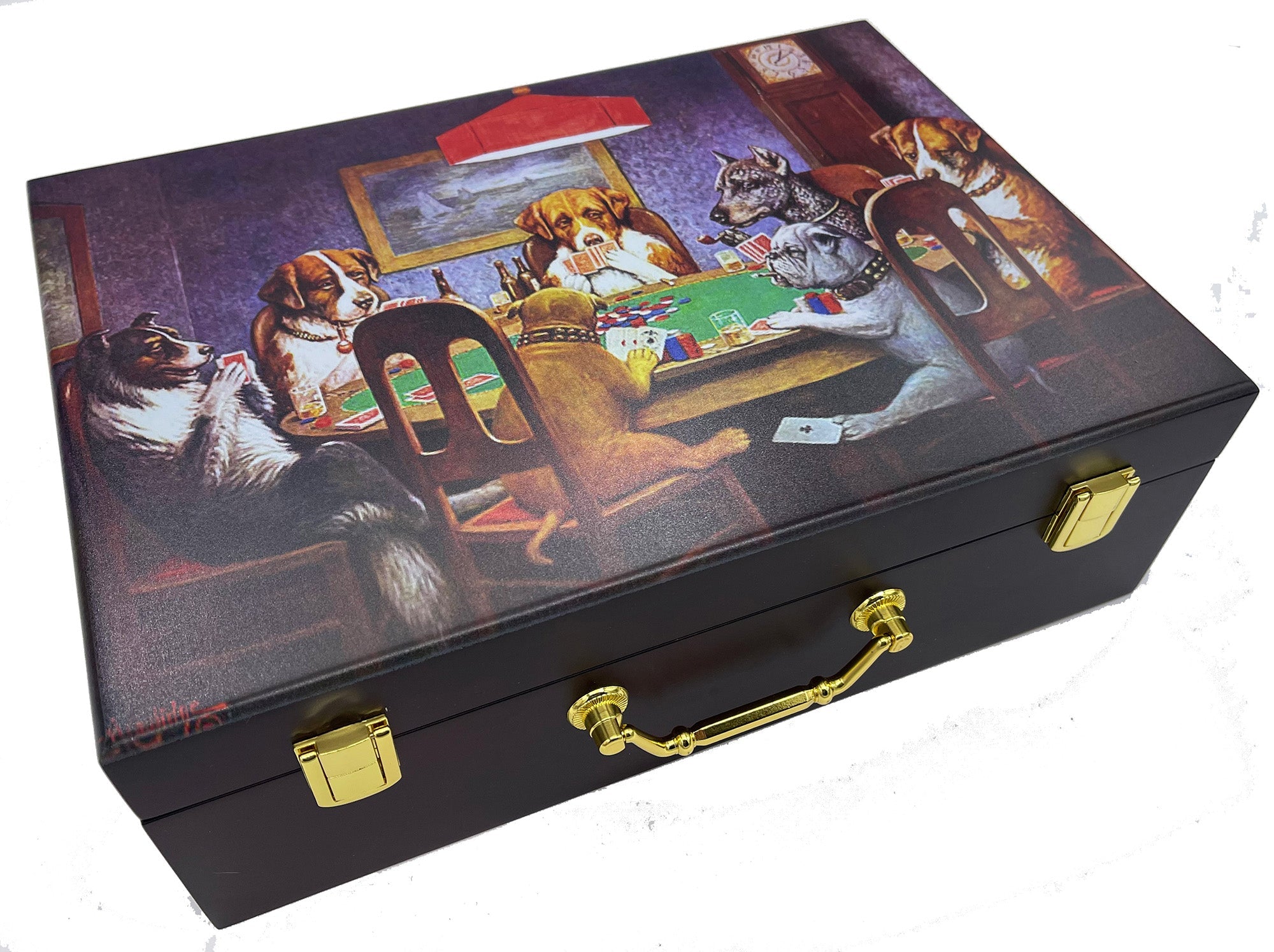 Dogs Playing Poker - Premium 500 Capacity Mahogany Wooden Poker Chip Case