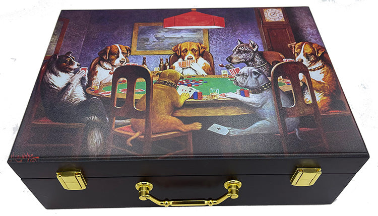 Dogs Playing Poker - Premium 500 Capacity Mahogany Wooden Poker Chip Case