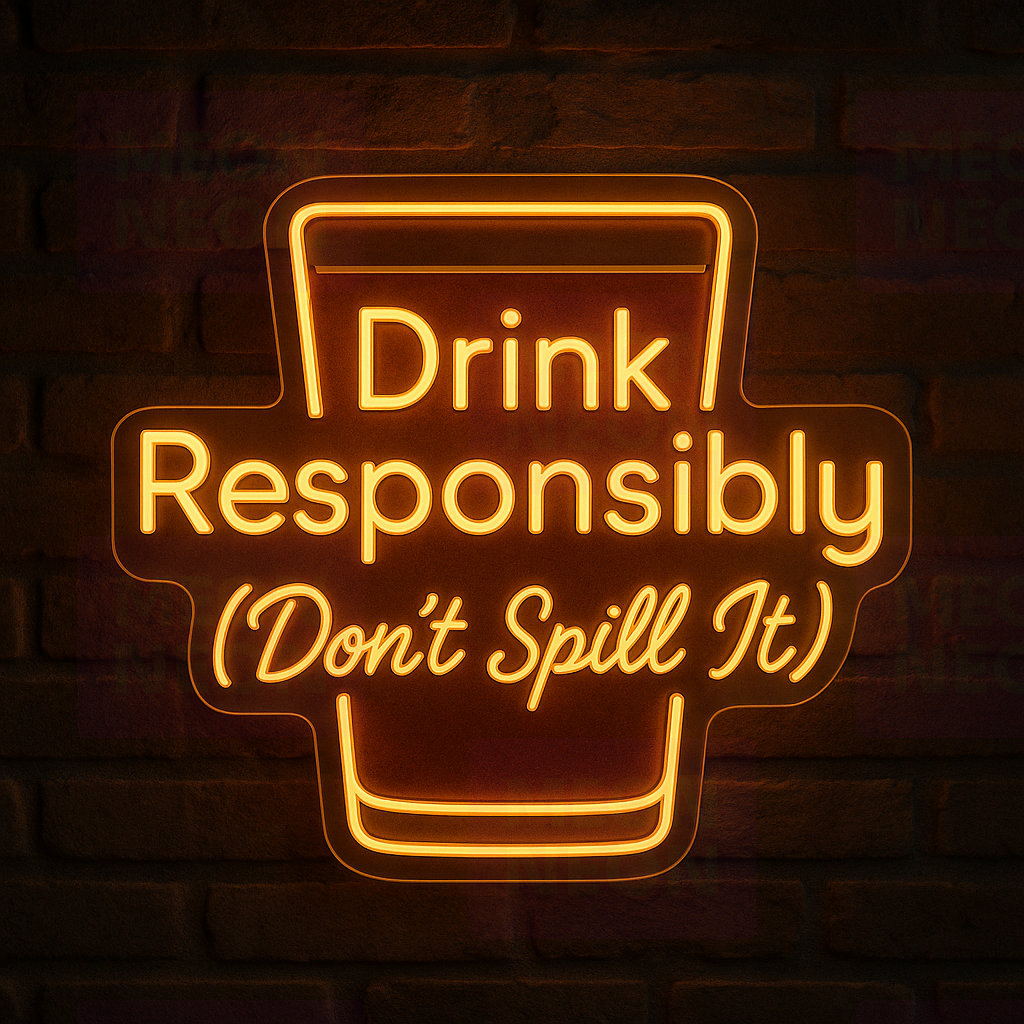 Yellow LED neon sign: “Drink Responsibly (Don’t Spill It)”.