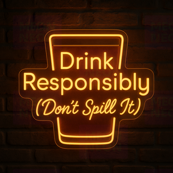 Yellow LED neon sign: “Drink Responsibly (Don’t Spill It)”.