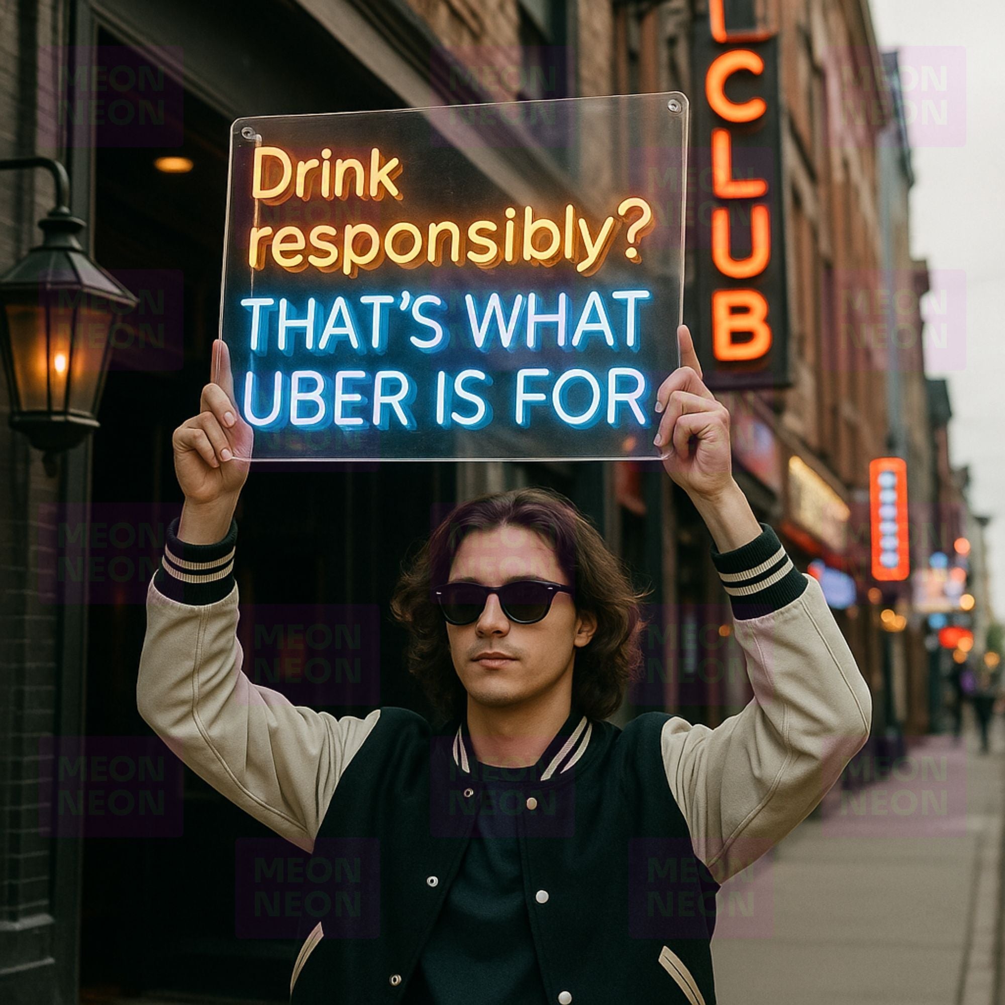 LED neon sign on clear panel: 'Drink responsibly? THAT'S WHAT UBER IS FOR'