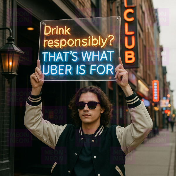 LED neon sign on clear panel: 'Drink responsibly? THAT'S WHAT UBER IS FOR'
