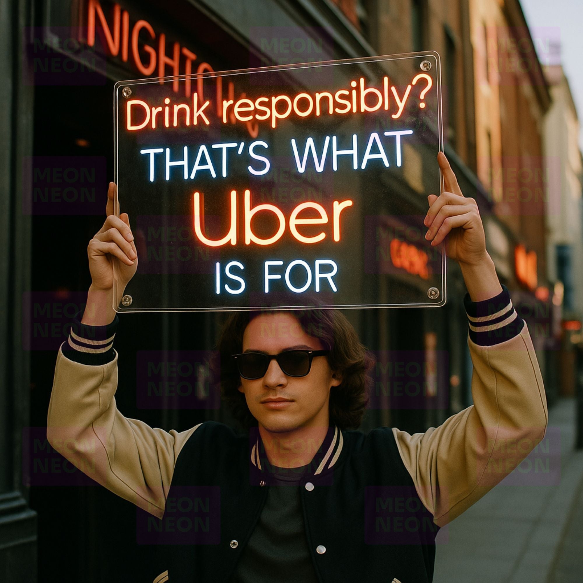 LED neon sign on clear panel: 'Drink responsibly? THAT'S WHAT Uber IS FOR'