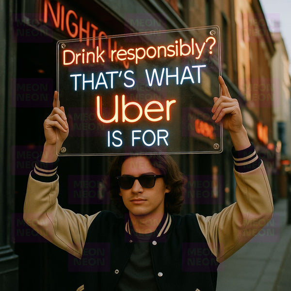 LED neon sign on clear panel: 'Drink responsibly? THAT'S WHAT Uber IS FOR'