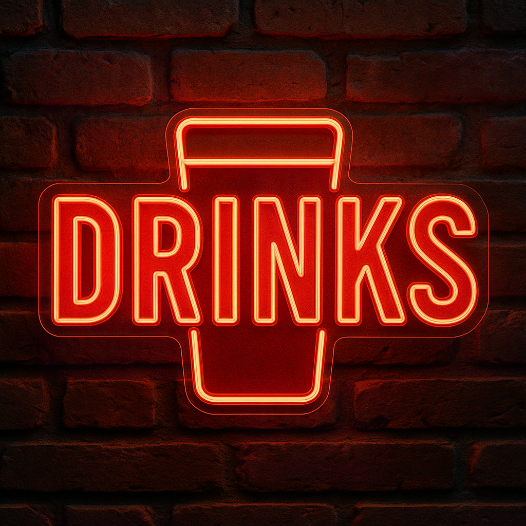 Red LED neon sign reading “DRINKS” with drink cup outline