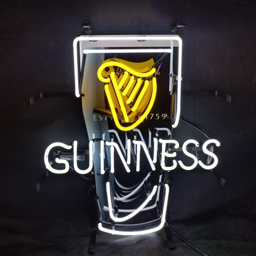 Guinness neon beer can sign, yellow harp above white GUINNESS text