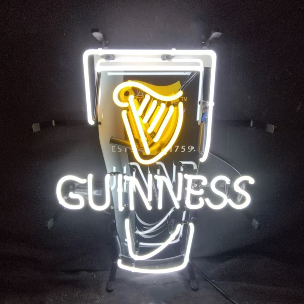 Guinness neon beer can sign with yellow harp and white GUINNESS lettering