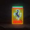 Rectangular neon sign with prancing horse and Ferrari wordmark, glowing border