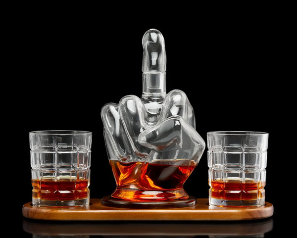 Middle Finger Whiskey Decanter - with 2 Cut Glass Rocks Glasses