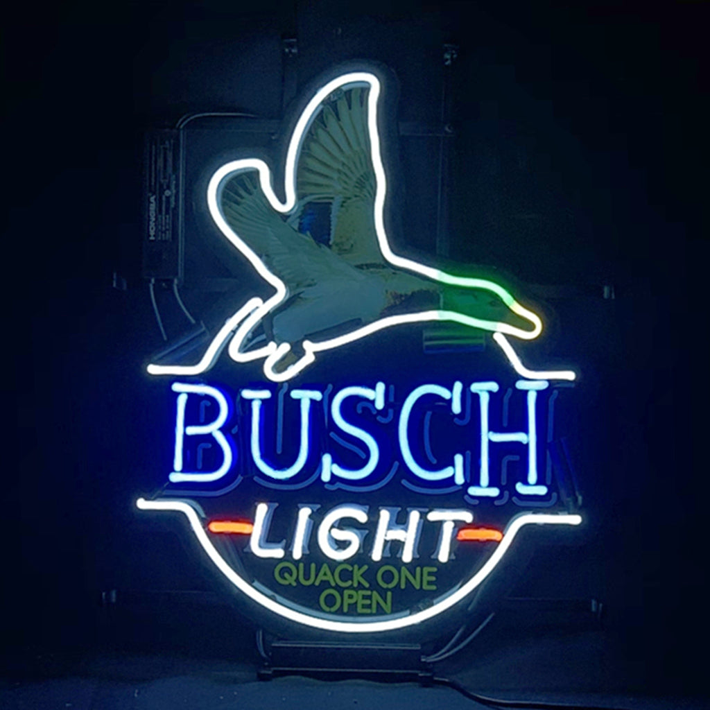 Neon duck BUSCH LIGHT QUACK ONE OPEN circular sign glowing blue and green