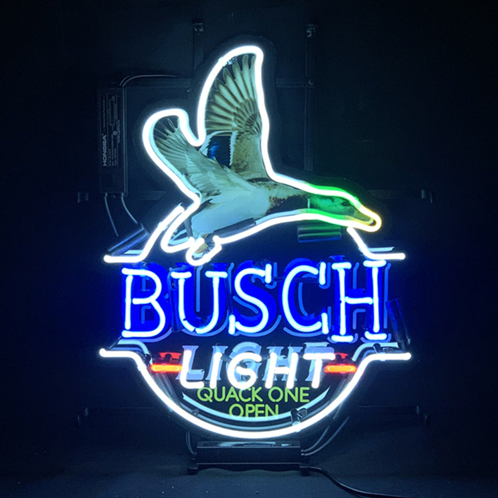 Neon duck BUSCH LIGHT open sign in blue and green glowing outline