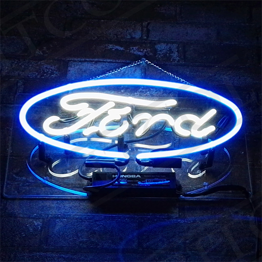 Ford oval neon logo sign with blue glowing script