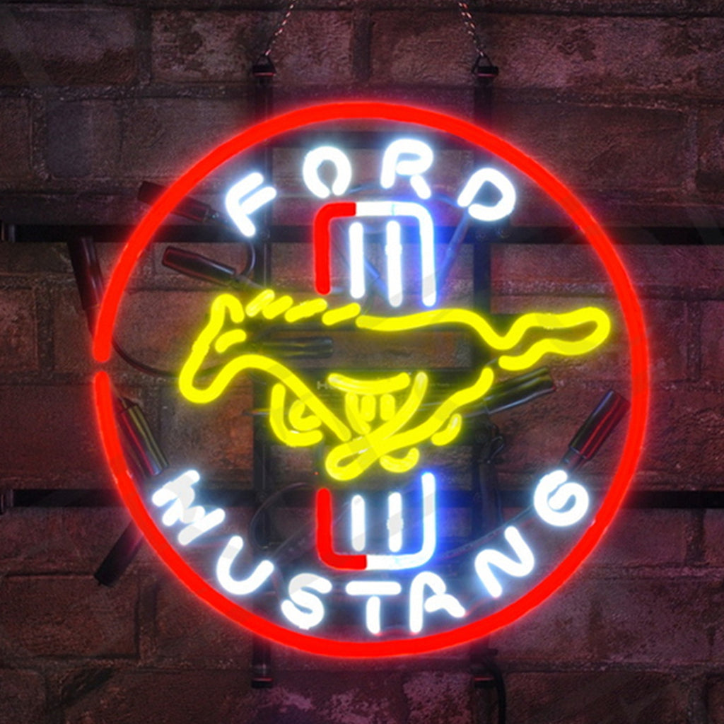 Circular neon racing car sign with red outer ring, blue lettering, and yellow car