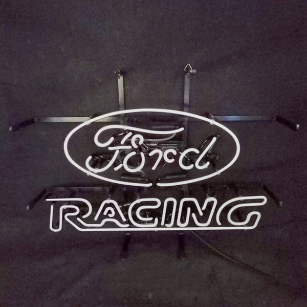 Neon car racing sign with white oval and white “RACING” light bars