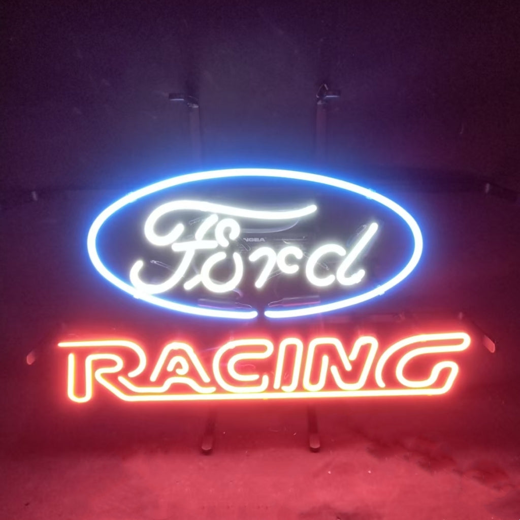 Neon car racing sign, blue oval and orange-red “RACING” bars on wall
