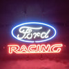 Neon car racing sign, blue oval and orange-red “RACING” bars on wall