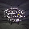 White neon gator beer sign with Foster's and Lager lettering