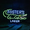 Neon gator beer sign with green outline and blue text reading Foster's Lager