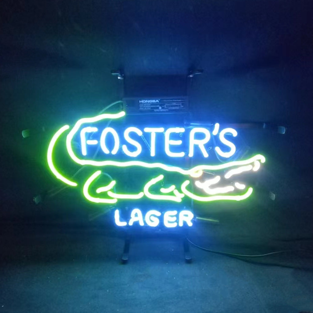 Neon gator beer sign with glowing green and blue text: Foster's Lager
