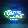 Neon gator beer sign with glowing green and blue text: Foster's Lager