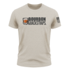 Sand crewneck tee with Bourbon & Backstraps front graphic and small side American flag label