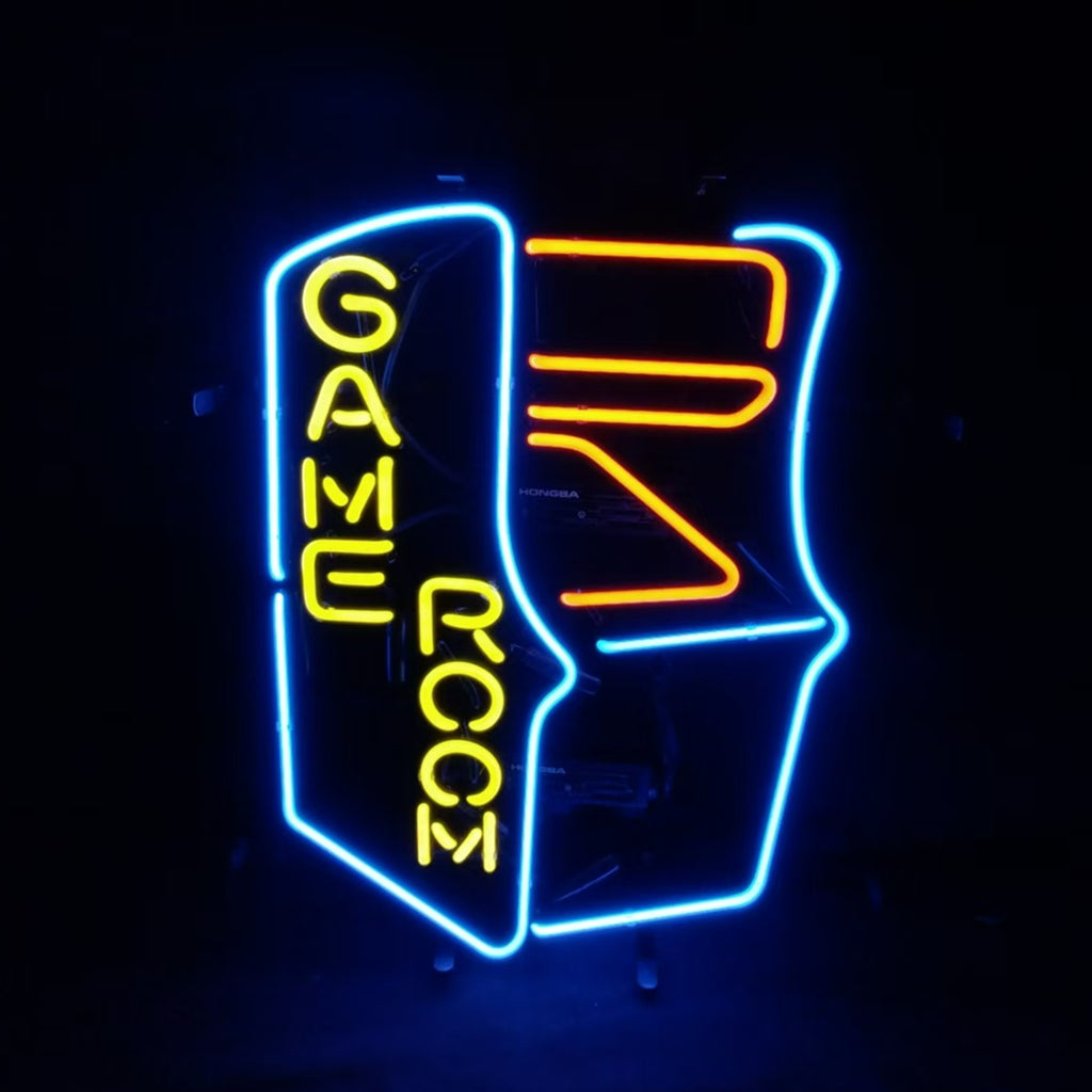 Arcade machine neon sign with blue outline and yellow GAME ROOM lettering, orange accents