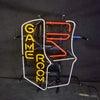 Neon arcade machine sign with white frame, yellow GAME ROOM text, and red orange lines