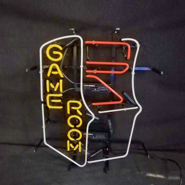 Neon arcade machine sign with white frame, yellow GAME ROOM text, and red orange lines