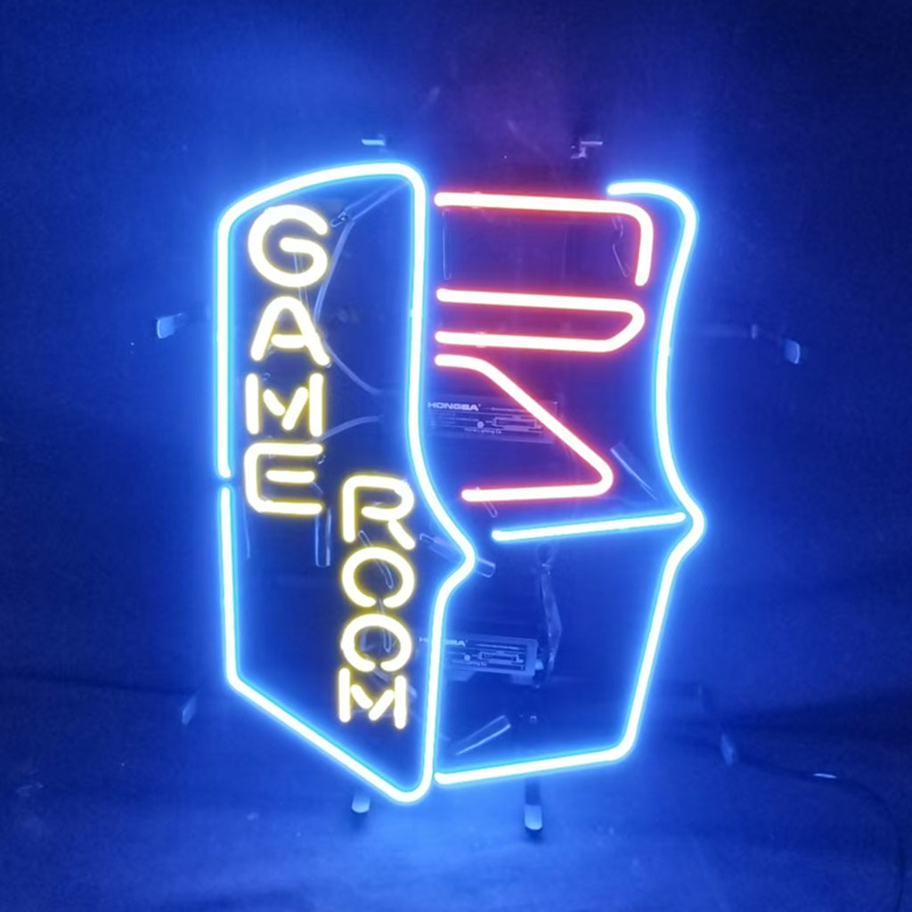 Arcade machine neon sign with blue, orange, and yellow glow, GAME ROOM vertical letters
