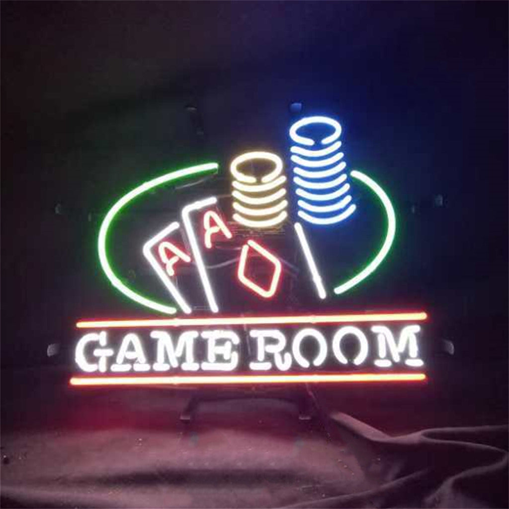 Neon game room sign with poker chips, dice, and GAME ROOM lettering