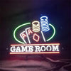 Neon game room sign with poker chips, dice, and GAME ROOM lettering