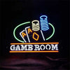 Neon game room sign with colorful poker chips, dice, and GAME ROOM text