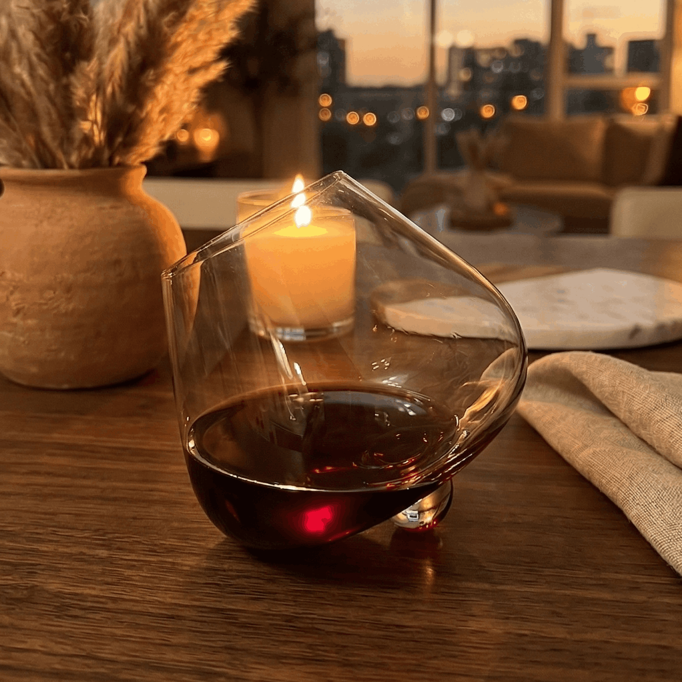 Crystal wine glass angled over wooden coaster with warm candle light