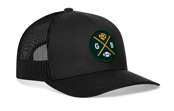 Black trucker hat with green GB logo patch on front and mesh side panels.