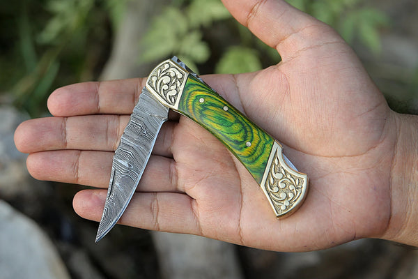 Damascus Steel Folding Pocket Knife – Green Handle For the Outdoorsman Orklo Knives