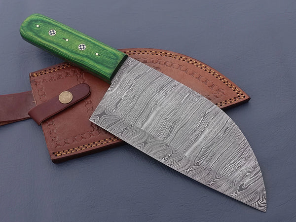 Damascus Steel Serbian Chef Knife – Green Handle
